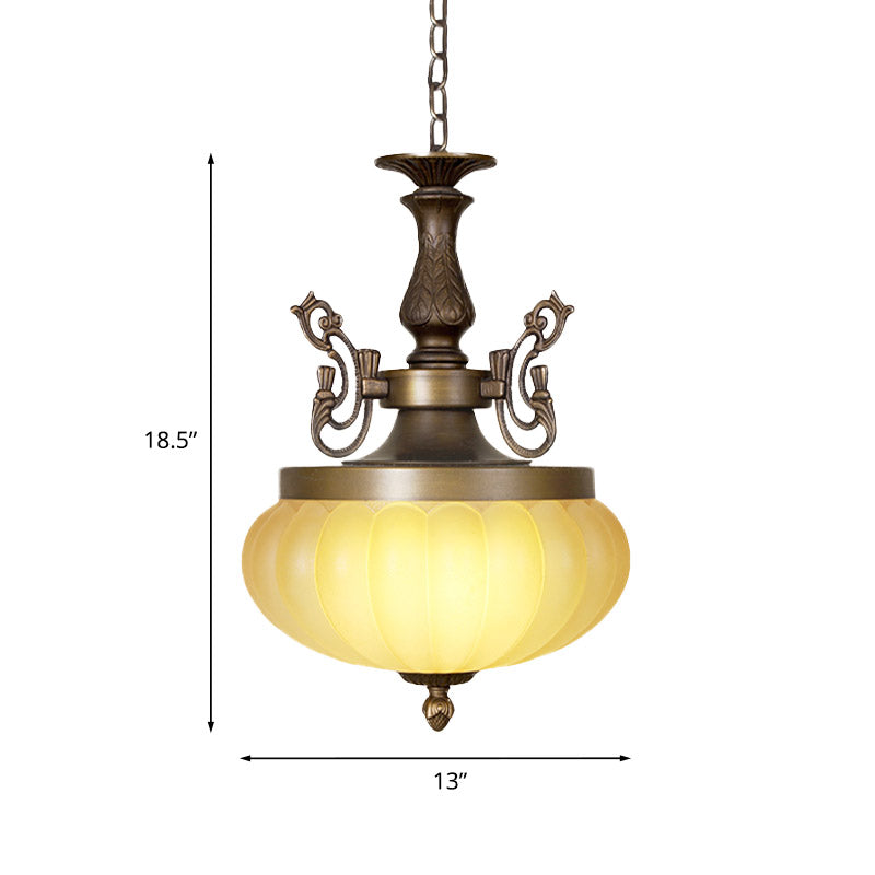 3-Head Pumpkin Chandelier Light Traditional Bronze Frosted Glass Suspended Lighting Fixture Clearhalo 'Ceiling Lights' 'Chandeliers' 'Glass shade' 'Glass' Lighting' 808559