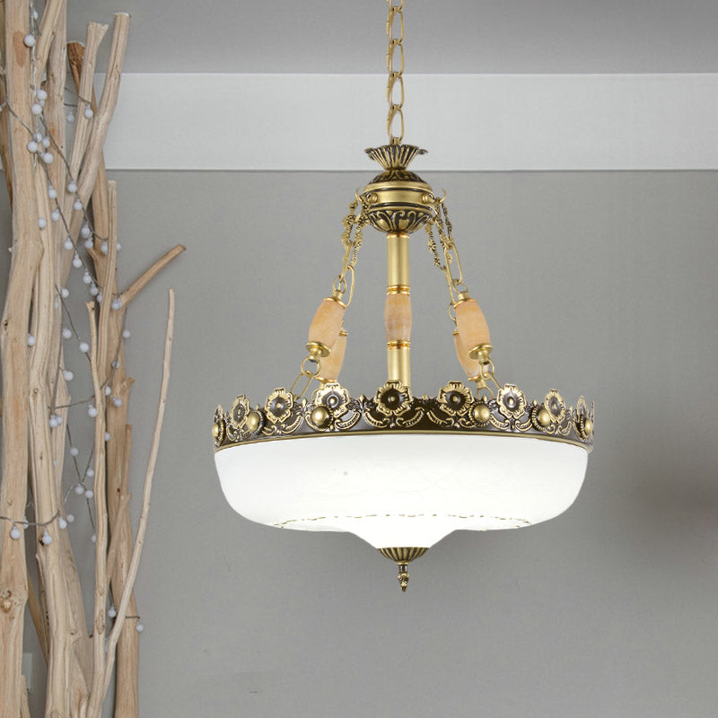 Beige/Bronze 3 Bulbs Chandelier Traditional White Glass Inverted Pendant Light with Carved Edge, 12"/16" W Clearhalo 'Ceiling Lights' 'Chandeliers' 'Glass shade' 'Glass' Lighting' 808565