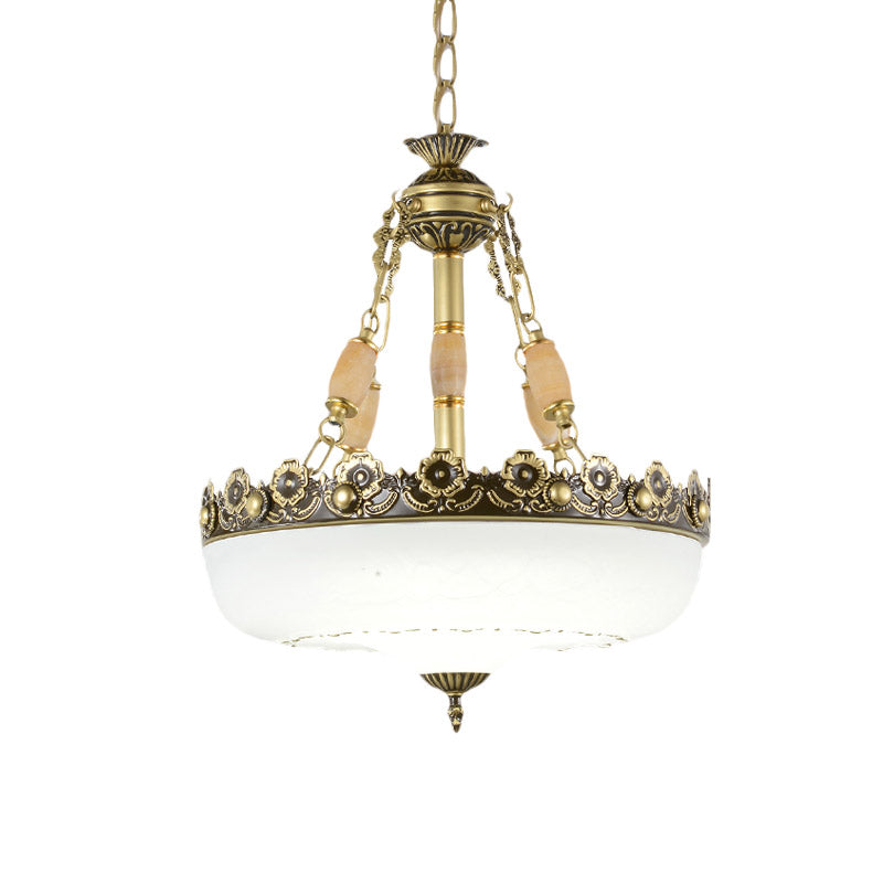 Beige/Bronze 3 Bulbs Chandelier Traditional White Glass Inverted Pendant Light with Carved Edge, 12"/16" W Clearhalo 'Ceiling Lights' 'Chandeliers' 'Glass shade' 'Glass' Lighting' 808566