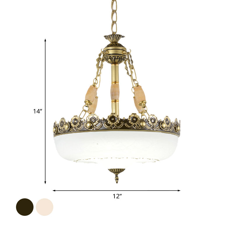 Beige/Bronze 3 Bulbs Chandelier Traditional White Glass Inverted Pendant Light with Carved Edge, 12"/16" W Clearhalo 'Ceiling Lights' 'Chandeliers' 'Glass shade' 'Glass' Lighting' 808567