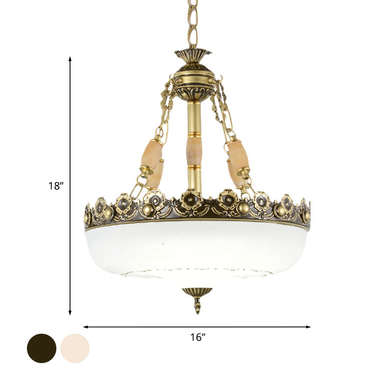 Beige/Bronze 3 Bulbs Chandelier Traditional White Glass Inverted Pendant Light with Carved Edge, 12"/16" W Clearhalo 'Ceiling Lights' 'Chandeliers' 'Glass shade' 'Glass' Lighting' 808568