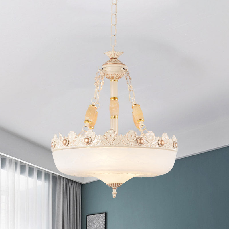 Beige/Bronze 3 Bulbs Chandelier Traditional White Glass Inverted Pendant Light with Carved Edge, 12"/16" W Beige Clearhalo 'Ceiling Lights' 'Chandeliers' 'Glass shade' 'Glass' Lighting' 808569