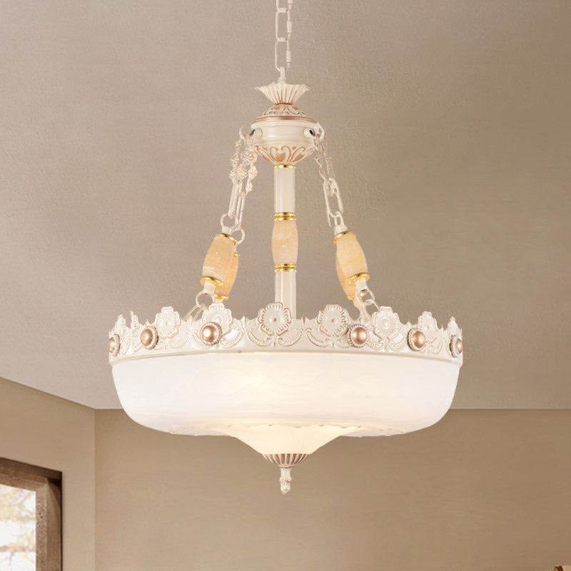 Beige/Bronze 3 Bulbs Chandelier Traditional White Glass Inverted Pendant Light with Carved Edge, 12"/16" W Clearhalo 'Ceiling Lights' 'Chandeliers' 'Glass shade' 'Glass' Lighting' 808570