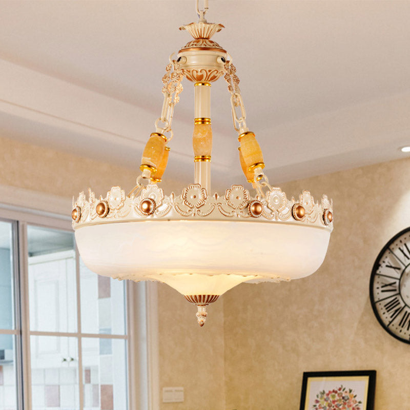 Beige/Bronze 3 Bulbs Chandelier Traditional White Glass Inverted Pendant Light with Carved Edge, 12"/16" W Clearhalo 'Ceiling Lights' 'Chandeliers' 'Glass shade' 'Glass' Lighting' 808571