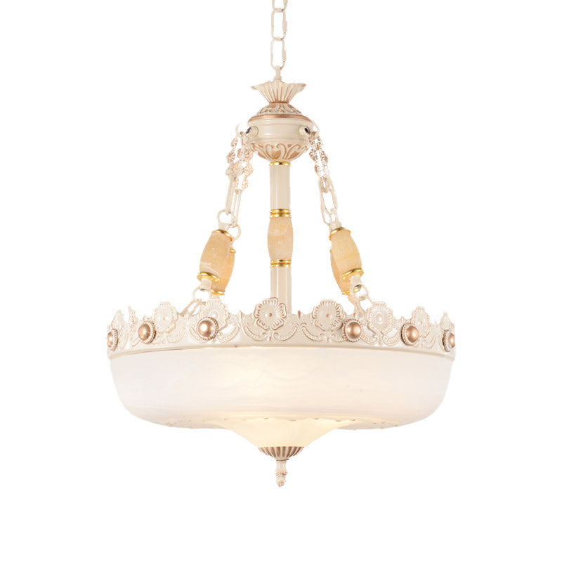 Beige/Bronze 3 Bulbs Chandelier Traditional White Glass Inverted Pendant Light with Carved Edge, 12"/16" W Clearhalo 'Ceiling Lights' 'Chandeliers' 'Glass shade' 'Glass' Lighting' 808572