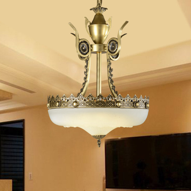 12"/16" W Cream Glass Inverted Chandelier Traditionalist 3 Lights Dining Room Hanging Light Fixture in Beige/Brass Clearhalo 'Ceiling Lights' 'Chandeliers' 'Glass shade' 'Glass' 'Pendant Lights' Lighting' 808574