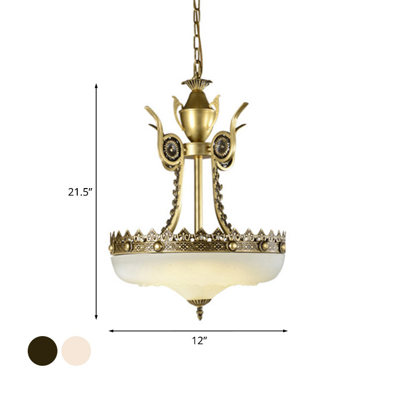 12"/16" W Cream Glass Inverted Chandelier Traditionalist 3 Lights Dining Room Hanging Light Fixture in Beige/Brass Clearhalo 'Ceiling Lights' 'Chandeliers' 'Glass shade' 'Glass' 'Pendant Lights' Lighting' 808576