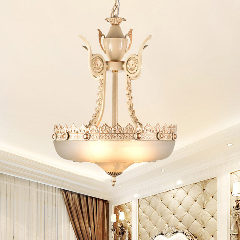 12"/16" W Cream Glass Inverted Chandelier Traditionalist 3 Lights Dining Room Hanging Light Fixture in Beige/Brass Clearhalo 'Ceiling Lights' 'Chandeliers' 'Glass shade' 'Glass' 'Pendant Lights' Lighting' 808579