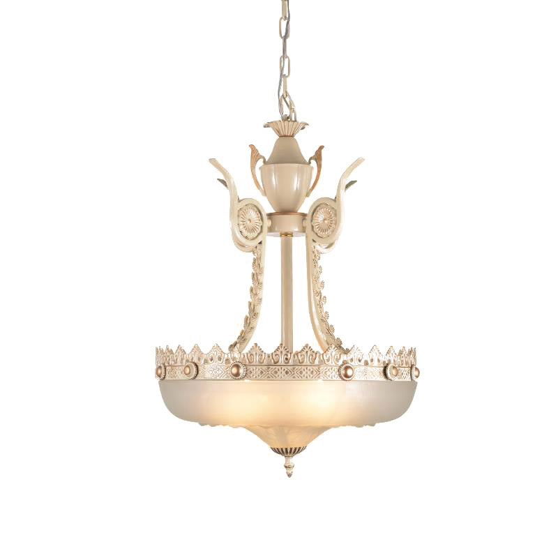 12"/16" W Cream Glass Inverted Chandelier Traditionalist 3 Lights Dining Room Hanging Light Fixture in Beige/Brass Clearhalo 'Ceiling Lights' 'Chandeliers' 'Glass shade' 'Glass' 'Pendant Lights' Lighting' 808580