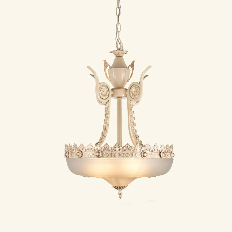 12"/16" W Cream Glass Inverted Chandelier Traditionalist 3 Lights Dining Room Hanging Light Fixture in Beige/Brass Clearhalo 'Ceiling Lights' 'Chandeliers' 'Glass shade' 'Glass' 'Pendant Lights' Lighting' 808581