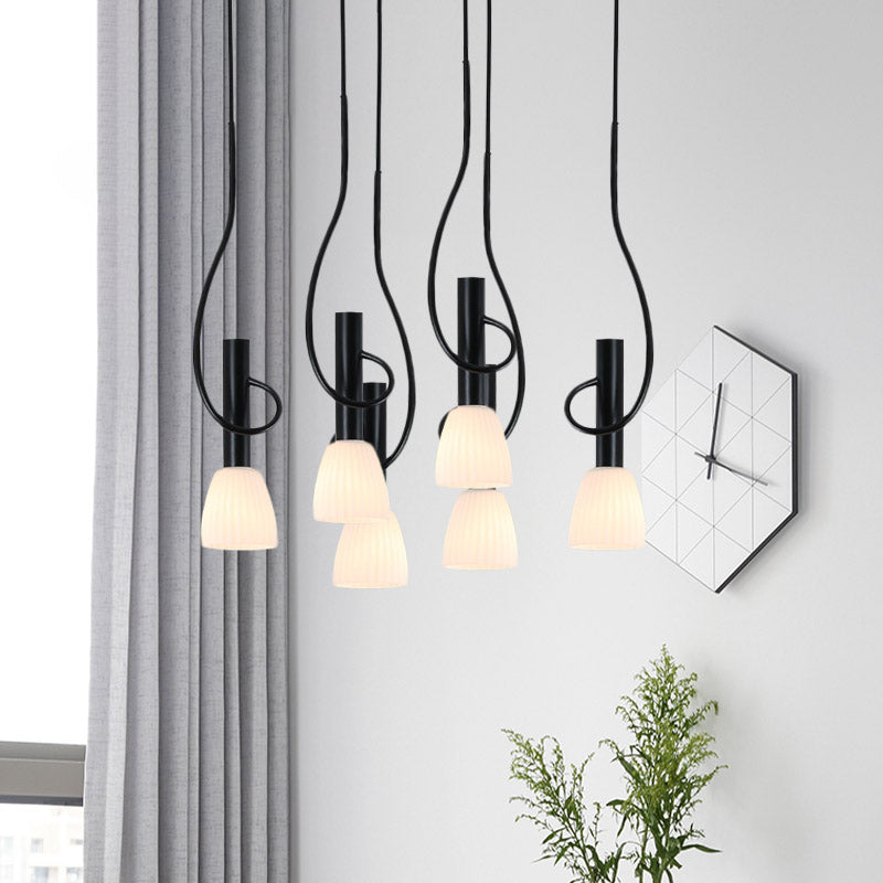 Traditionalism Bud Cluster Pendant 3/6 Heads Opal Glass Hanging Lamp in Black with Round/Linear Canopy 6 Black Linear Clearhalo 'Ceiling Lights' 'Chandeliers' 'Close To Ceiling Lights' 'Glass shade' 'Glass' 'Pendant Lights' 'Pendants' Lighting' 808591