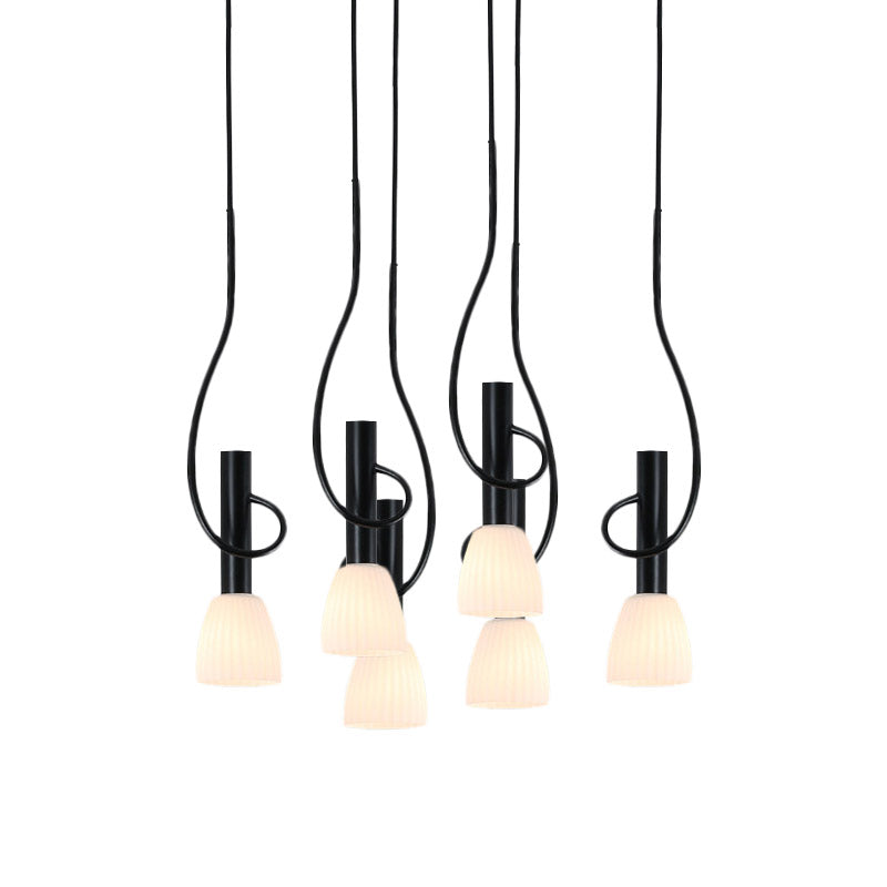 Traditionalism Bud Cluster Pendant 3/6 Heads Opal Glass Hanging Lamp in Black with Round/Linear Canopy Clearhalo 'Ceiling Lights' 'Chandeliers' 'Close To Ceiling Lights' 'Glass shade' 'Glass' 'Pendant Lights' 'Pendants' Lighting' 808593
