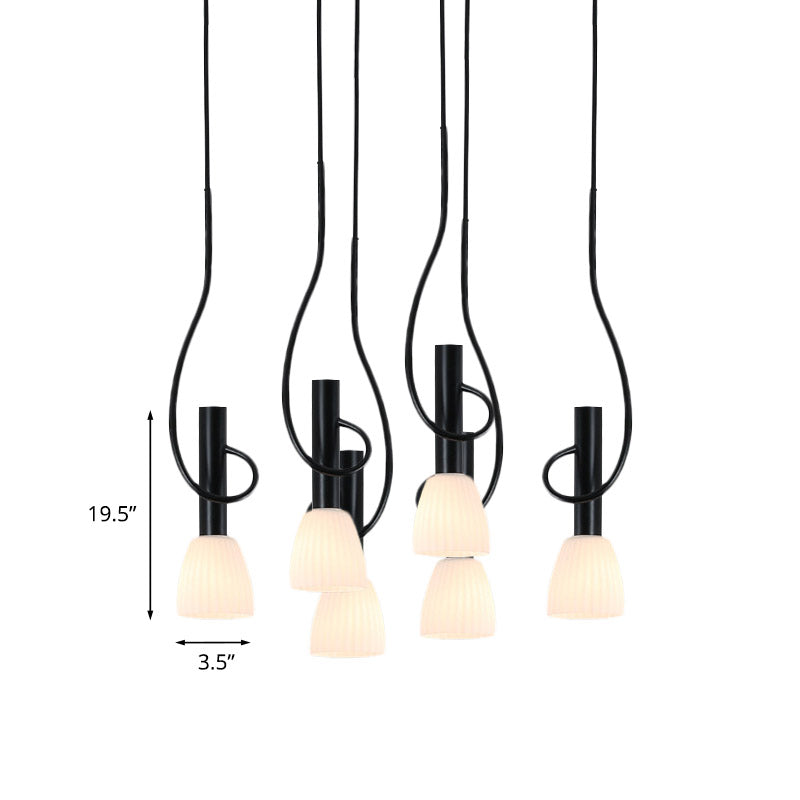 Traditionalism Bud Cluster Pendant 3/6 Heads Opal Glass Hanging Lamp in Black with Round/Linear Canopy Clearhalo 'Ceiling Lights' 'Chandeliers' 'Close To Ceiling Lights' 'Glass shade' 'Glass' 'Pendant Lights' 'Pendants' Lighting' 808594