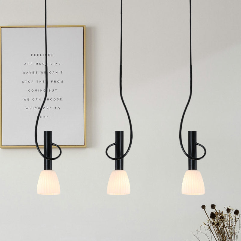 Traditionalism Bud Cluster Pendant 3/6 Heads Opal Glass Hanging Lamp in Black with Round/Linear Canopy 3 Black Linear Clearhalo 'Ceiling Lights' 'Chandeliers' 'Close To Ceiling Lights' 'Glass shade' 'Glass' 'Pendant Lights' 'Pendants' Lighting' 808595