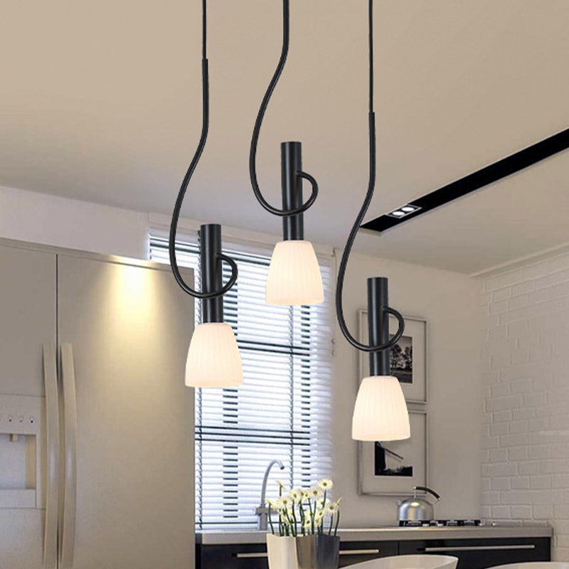 Traditionalism Bud Cluster Pendant 3/6 Heads Opal Glass Hanging Lamp in Black with Round/Linear Canopy 3 Black Round Clearhalo 'Ceiling Lights' 'Chandeliers' 'Close To Ceiling Lights' 'Glass shade' 'Glass' 'Pendant Lights' 'Pendants' Lighting' 808600