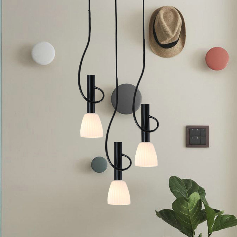 Traditionalism Bud Cluster Pendant 3/6 Heads Opal Glass Hanging Lamp in Black with Round/Linear Canopy Clearhalo 'Ceiling Lights' 'Chandeliers' 'Close To Ceiling Lights' 'Glass shade' 'Glass' 'Pendant Lights' 'Pendants' Lighting' 808601