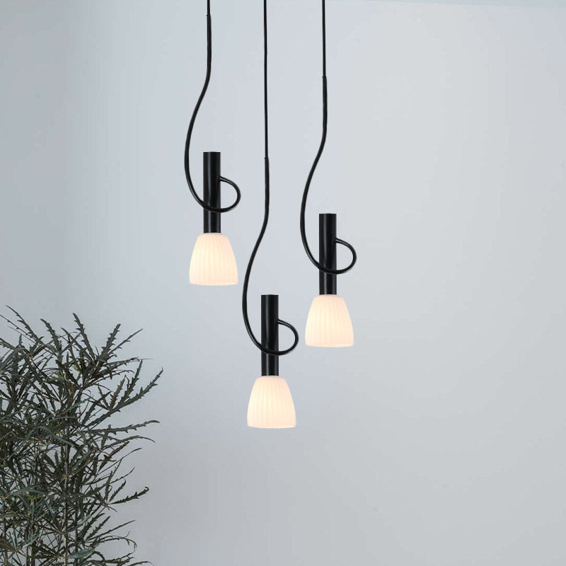 Traditionalism Bud Cluster Pendant 3/6 Heads Opal Glass Hanging Lamp in Black with Round/Linear Canopy Clearhalo 'Ceiling Lights' 'Chandeliers' 'Close To Ceiling Lights' 'Glass shade' 'Glass' 'Pendant Lights' 'Pendants' Lighting' 808602