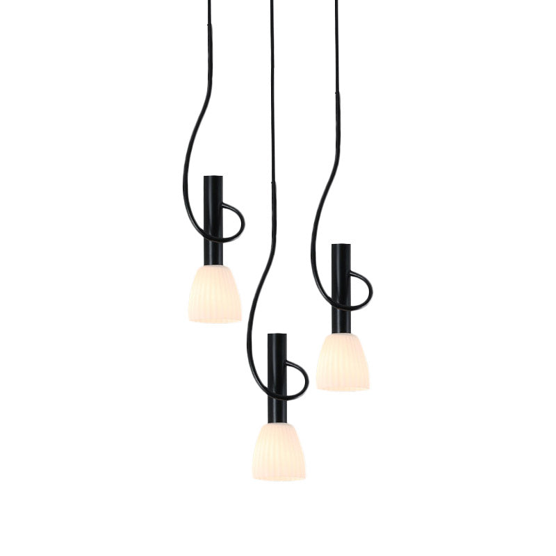 Traditionalism Bud Cluster Pendant 3/6 Heads Opal Glass Hanging Lamp in Black with Round/Linear Canopy Clearhalo 'Ceiling Lights' 'Chandeliers' 'Close To Ceiling Lights' 'Glass shade' 'Glass' 'Pendant Lights' 'Pendants' Lighting' 808603