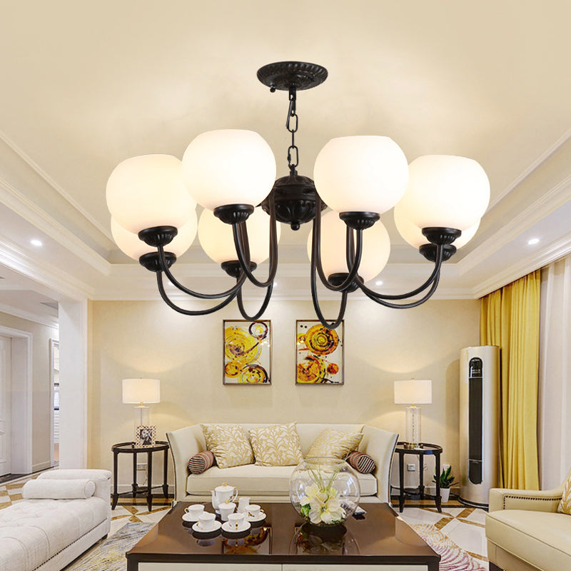 8 Lights Globe Chandelier Pendant Light Traditional Black Finish White Glass Up Hanging Lamp Clearhalo 'Ceiling Lights' 'Chandeliers' 'Close To Ceiling Lights' 'Glass shade' 'Glass' Lighting' 808606