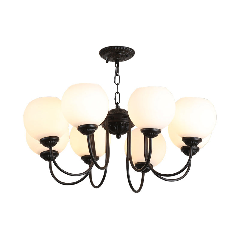 8 Lights Globe Chandelier Pendant Light Traditional Black Finish White Glass Up Hanging Lamp Clearhalo 'Ceiling Lights' 'Chandeliers' 'Close To Ceiling Lights' 'Glass shade' 'Glass' Lighting' 808607