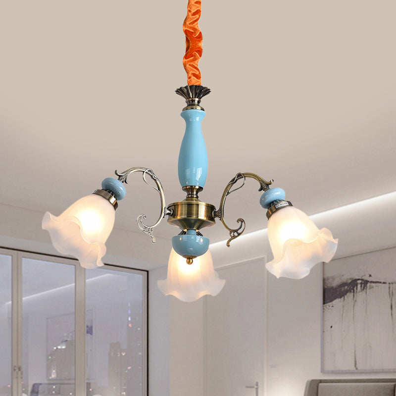 Flower Opal Glass Ceiling Chandelier Traditional 3/5 Heads Living Room Pendulum Light in Light Blue/Pewter Clearhalo 'Ceiling Lights' 'Chandeliers' Lighting' options 808613