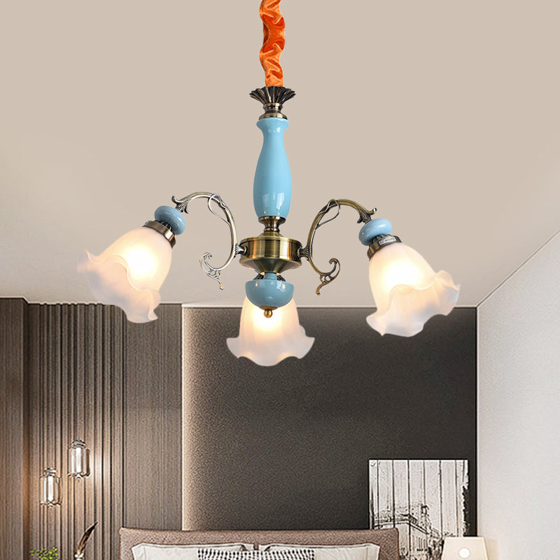 Flower Opal Glass Ceiling Chandelier Traditional 3/5 Heads Living Room Pendulum Light in Light Blue/Pewter Clearhalo 'Ceiling Lights' 'Chandeliers' Lighting' options 808614