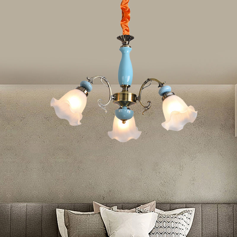 Flower Opal Glass Ceiling Chandelier Traditional 3/5 Heads Living Room Pendulum Light in Light Blue/Pewter Clearhalo 'Ceiling Lights' 'Chandeliers' Lighting' options 808615