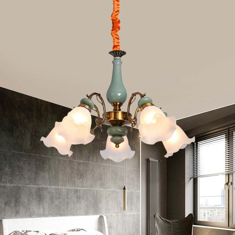 Flower Opal Glass Ceiling Chandelier Traditional 3/5 Heads Living Room Pendulum Light in Light Blue/Pewter Clearhalo 'Ceiling Lights' 'Chandeliers' Lighting' options 808618