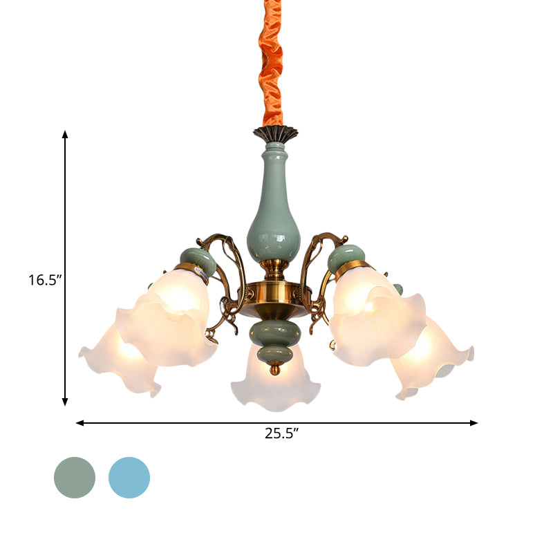 Flower Opal Glass Ceiling Chandelier Traditional 3/5 Heads Living Room Pendulum Light in Light Blue/Pewter Clearhalo 'Ceiling Lights' 'Chandeliers' Lighting' options 808621