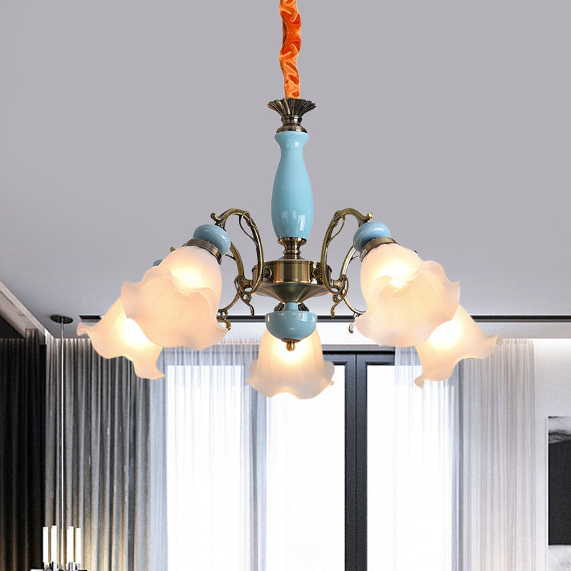 Flower Opal Glass Ceiling Chandelier Traditional 3/5 Heads Living Room Pendulum Light in Light Blue/Pewter Clearhalo 'Ceiling Lights' 'Chandeliers' Lighting' options 808622