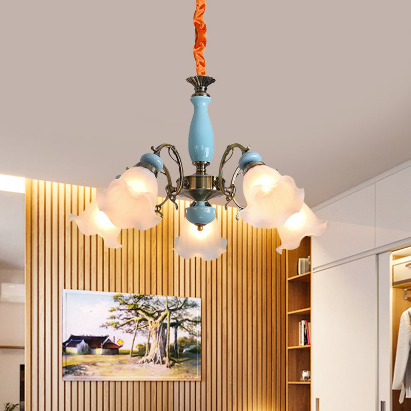 Flower Opal Glass Ceiling Chandelier Traditional 3/5 Heads Living Room Pendulum Light in Light Blue/Pewter Clearhalo 'Ceiling Lights' 'Chandeliers' Lighting' options 808624