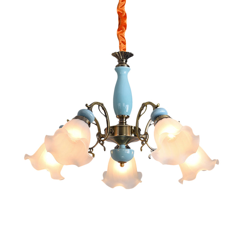 Flower Opal Glass Ceiling Chandelier Traditional 3/5 Heads Living Room Pendulum Light in Light Blue/Pewter Clearhalo 'Ceiling Lights' 'Chandeliers' Lighting' options 808625