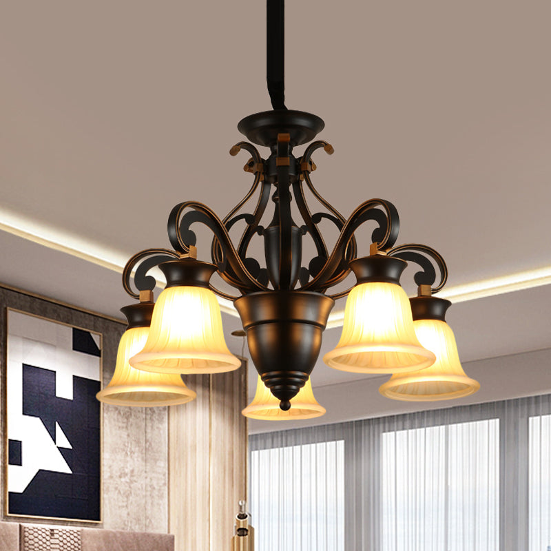 Black 3/5-Light Ceiling Chandelier Antiqued Frosted Glass Bell Shaped Up/Down Hanging Lamp Kit 5 Black Clearhalo 'Ceiling Lights' 'Chandeliers' Lighting' options 808634_5f7c871a-2dee-4990-bfe8-35c59a200355