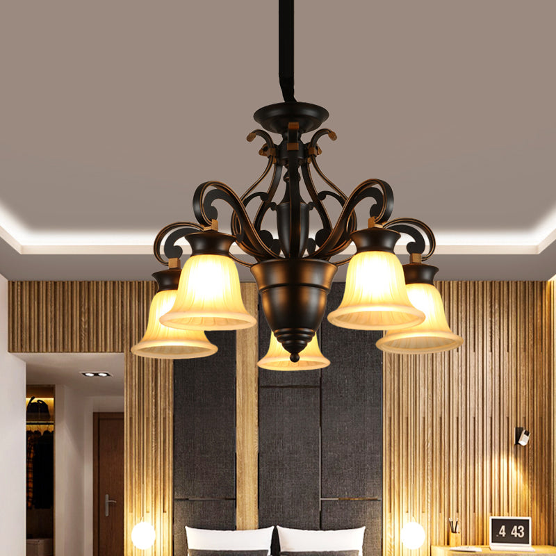 Black 3/5-Light Ceiling Chandelier Antiqued Frosted Glass Bell Shaped Up/Down Hanging Lamp Kit Clearhalo 'Ceiling Lights' 'Chandeliers' Lighting' options 808635