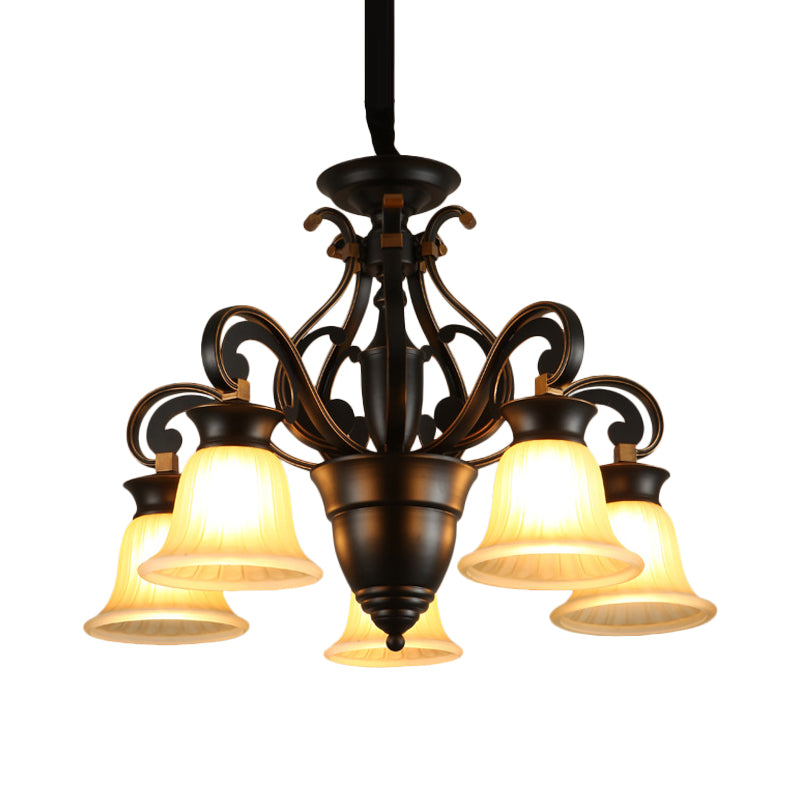 Black 3/5-Light Ceiling Chandelier Antiqued Frosted Glass Bell Shaped Up/Down Hanging Lamp Kit Clearhalo 'Ceiling Lights' 'Chandeliers' Lighting' options 808637