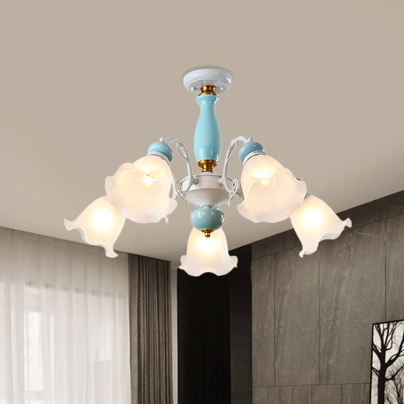 Floral White Glass Semi-Flush Ceiling Light Traditional 3/5 Lights Bedroom Flush Mount Lamp in Light Blue Clearhalo 'Ceiling Lights' 'Close To Ceiling Lights' 'Close to ceiling' 'Glass shade' 'Glass' 'Semi-flushmount' Lighting' 808669