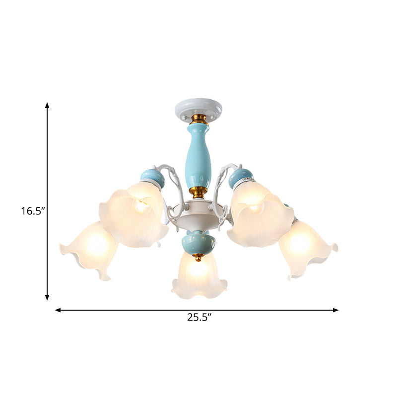 Floral White Glass Semi-Flush Ceiling Light Traditional 3/5 Lights Bedroom Flush Mount Lamp in Light Blue Clearhalo 'Ceiling Lights' 'Close To Ceiling Lights' 'Close to ceiling' 'Glass shade' 'Glass' 'Semi-flushmount' Lighting' 808672