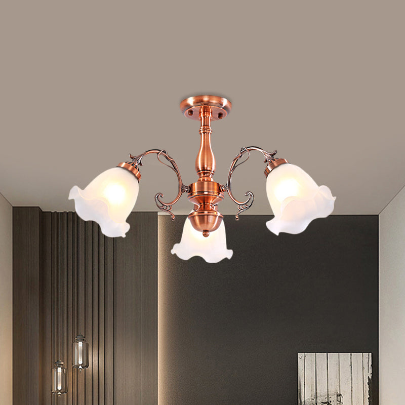 Copper 3/5/8 Lights Semi Flush Mount Lighting Country Cream Glass Flower Shape Flushmount Lamp Clearhalo 'Ceiling Lights' 'Close To Ceiling Lights' 'Close to ceiling' 'Glass shade' 'Glass' 'Semi-flushmount' Lighting' 808688