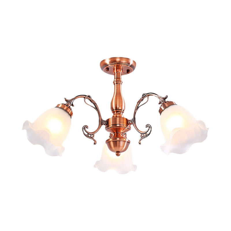 Copper 3/5/8 Lights Semi Flush Mount Lighting Country Cream Glass Flower Shape Flushmount Lamp Clearhalo 'Ceiling Lights' 'Close To Ceiling Lights' 'Close to ceiling' 'Glass shade' 'Glass' 'Semi-flushmount' Lighting' 808689