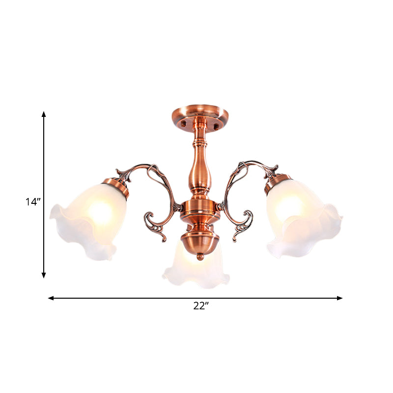 Copper 3/5/8 Lights Semi Flush Mount Lighting Country Cream Glass Flower Shape Flushmount Lamp Clearhalo 'Ceiling Lights' 'Close To Ceiling Lights' 'Close to ceiling' 'Glass shade' 'Glass' 'Semi-flushmount' Lighting' 808690