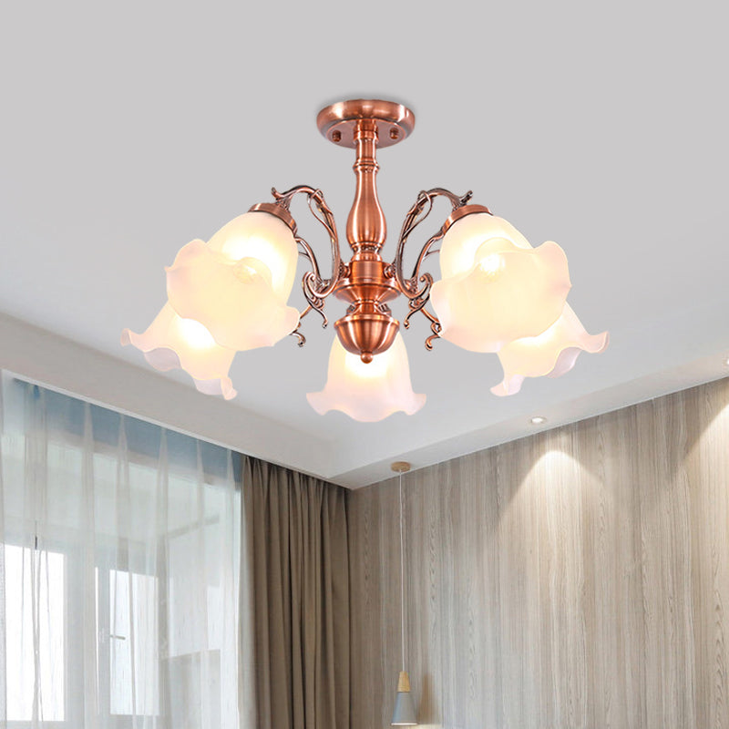 Copper 3/5/8 Lights Semi Flush Mount Lighting Country Cream Glass Flower Shape Flushmount Lamp Clearhalo 'Ceiling Lights' 'Close To Ceiling Lights' 'Close to ceiling' 'Glass shade' 'Glass' 'Semi-flushmount' Lighting' 808693