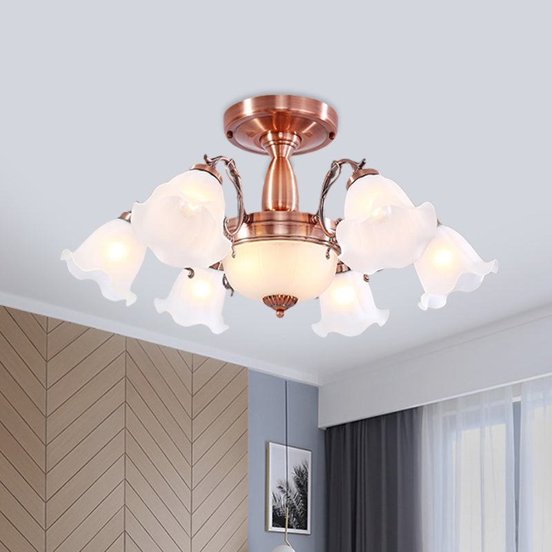 Copper 3/5/8 Lights Semi Flush Mount Lighting Country Cream Glass Flower Shape Flushmount Lamp Clearhalo 'Ceiling Lights' 'Close To Ceiling Lights' 'Close to ceiling' 'Glass shade' 'Glass' 'Semi-flushmount' Lighting' 808697