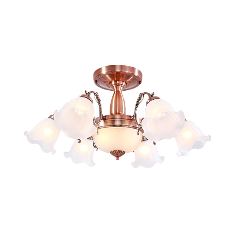 Copper 3/5/8 Lights Semi Flush Mount Lighting Country Cream Glass Flower Shape Flushmount Lamp Clearhalo 'Ceiling Lights' 'Close To Ceiling Lights' 'Close to ceiling' 'Glass shade' 'Glass' 'Semi-flushmount' Lighting' 808699