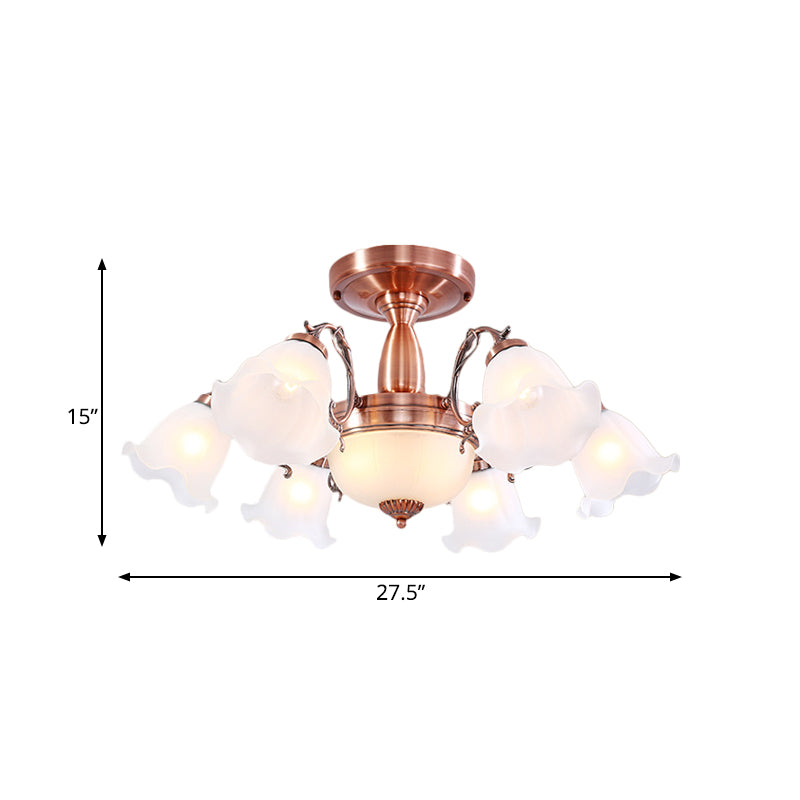 Copper 3/5/8 Lights Semi Flush Mount Lighting Country Cream Glass Flower Shape Flushmount Lamp Clearhalo 'Ceiling Lights' 'Close To Ceiling Lights' 'Close to ceiling' 'Glass shade' 'Glass' 'Semi-flushmount' Lighting' 808700