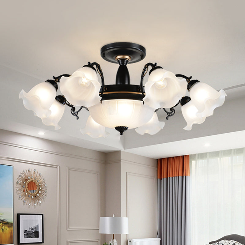 11-Head Opal Glass Semi Flush Lighting Farmhouse White/Black Finish Floral Living Room Ceiling Flush Black Clearhalo 'Ceiling Lights' 'Close To Ceiling Lights' 'Close to ceiling' 'Glass shade' 'Glass' 'Semi-flushmount' Lighting' 808701