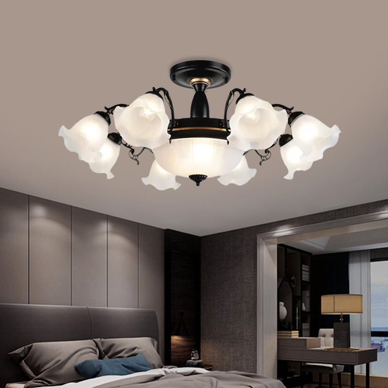 11-Head Opal Glass Semi Flush Lighting Farmhouse White/Black Finish Floral Living Room Ceiling Flush Clearhalo 'Ceiling Lights' 'Close To Ceiling Lights' 'Close to ceiling' 'Glass shade' 'Glass' 'Semi-flushmount' Lighting' 808702