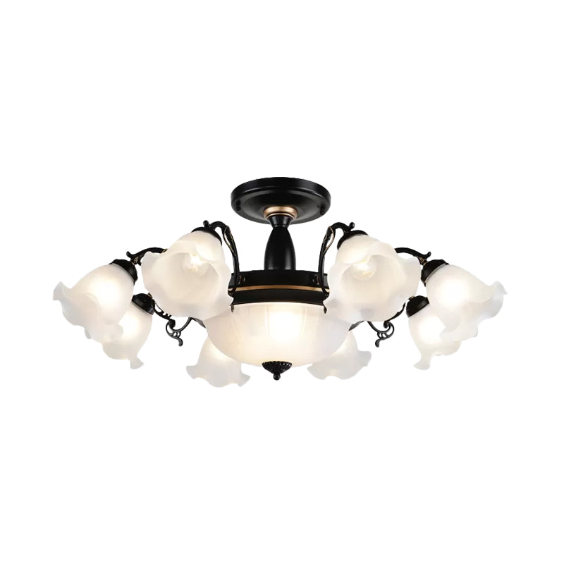 11-Head Opal Glass Semi Flush Lighting Farmhouse White/Black Finish Floral Living Room Ceiling Flush Clearhalo 'Ceiling Lights' 'Close To Ceiling Lights' 'Close to ceiling' 'Glass shade' 'Glass' 'Semi-flushmount' Lighting' 808703