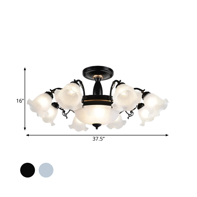 11-Head Opal Glass Semi Flush Lighting Farmhouse White/Black Finish Floral Living Room Ceiling Flush Clearhalo 'Ceiling Lights' 'Close To Ceiling Lights' 'Close to ceiling' 'Glass shade' 'Glass' 'Semi-flushmount' Lighting' 808704