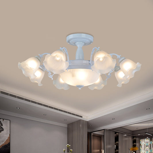 11-Head Opal Glass Semi Flush Lighting Farmhouse White/Black Finish Floral Living Room Ceiling Flush Clearhalo 'Ceiling Lights' 'Close To Ceiling Lights' 'Close to ceiling' 'Glass shade' 'Glass' 'Semi-flushmount' Lighting' 808706