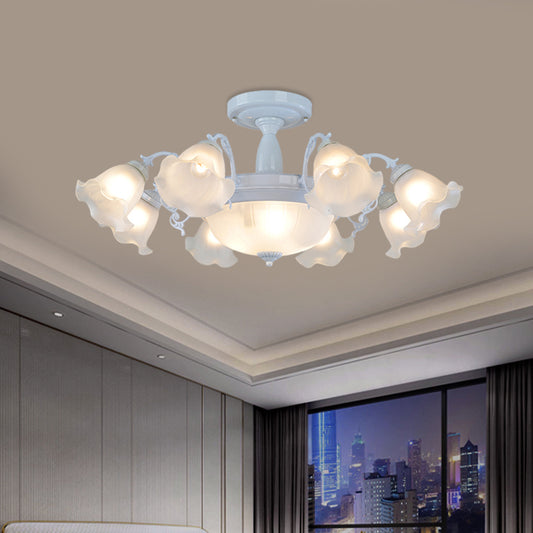 11-Head Opal Glass Semi Flush Lighting Farmhouse White/Black Finish Floral Living Room Ceiling Flush Clearhalo 'Ceiling Lights' 'Close To Ceiling Lights' 'Close to ceiling' 'Glass shade' 'Glass' 'Semi-flushmount' Lighting' 808707